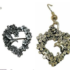 Vintage Silver Plated Pewter Bird & Flower Heart Shaped Pin & earrings Masj 1990